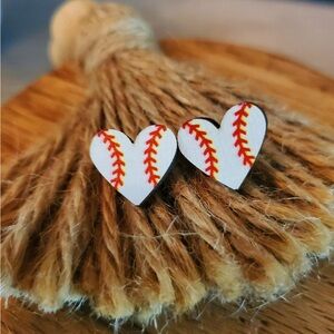 Handmade Heart-Shaped Baseball Stud Earrings